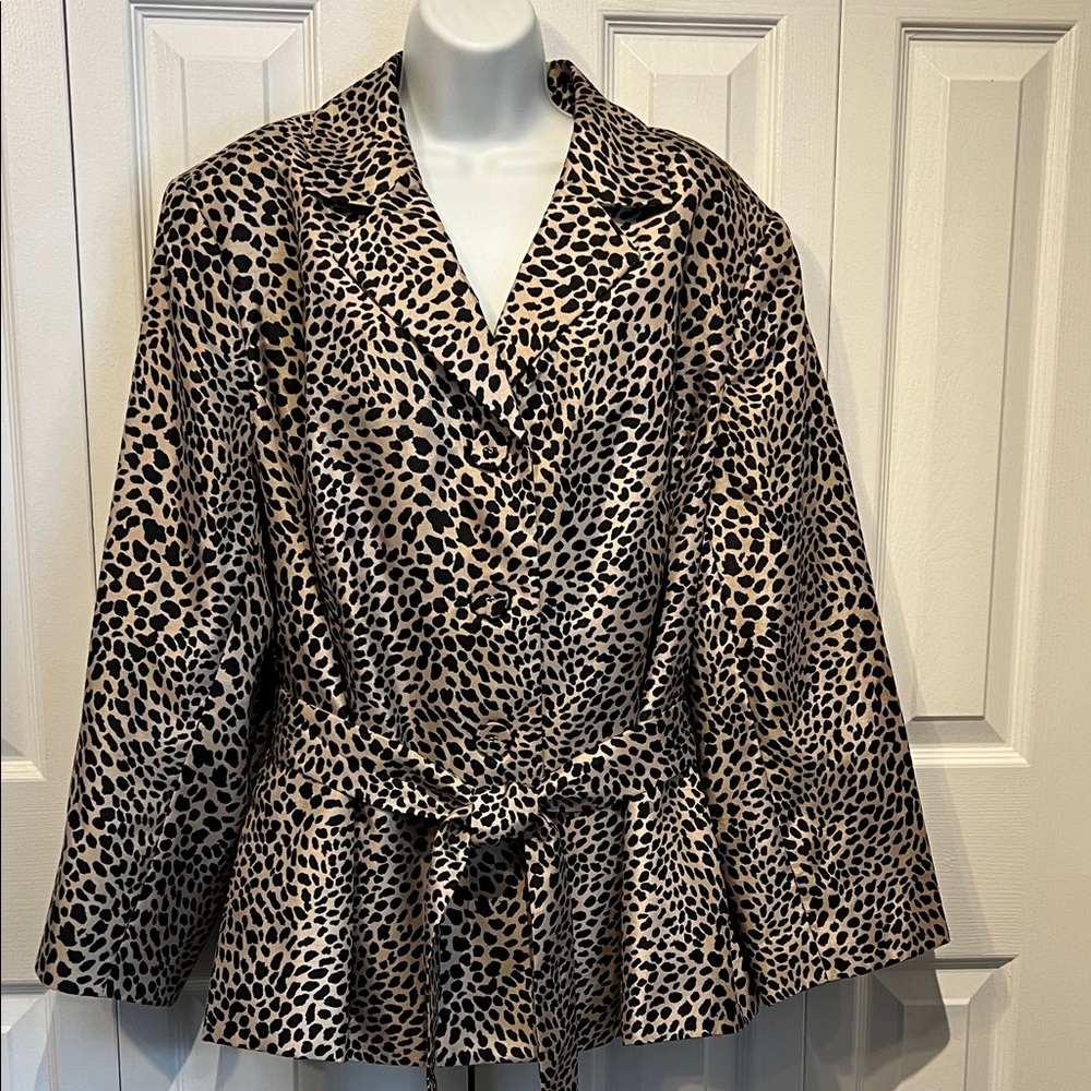 Le Suit Black/Tan Animal Print Belted‎ Lined Blazer Jacket Size 24 W